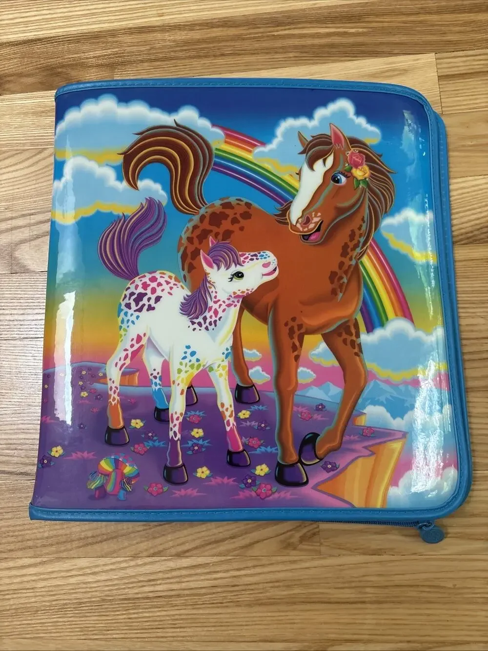Vintage 1990s Lisa Frank Horse Rainbow Chaser Foal Zip Up 3 Ring Binder Blue